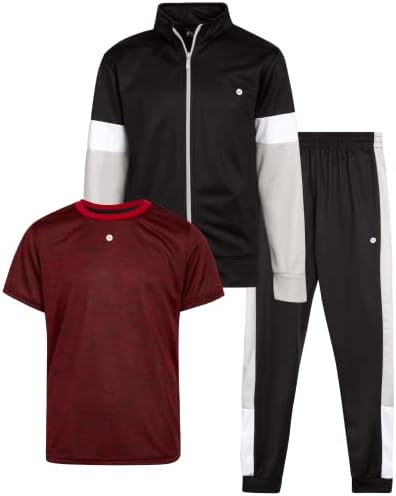 RBX Boys' Jogger Set - 3 Piece Tricot Sweatshirt, Sweatpants, and T-Shirt Tracksuit (8-12), Size 12 , Black Red Space Dye
