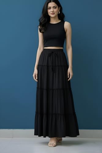 Image of Women's Rayon Full Length Maxi Skirt | Solid Black & White Regular Fit Skirt with Elasticated Waistband and Drawstring