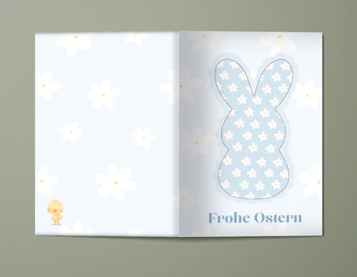 WBdesignz Osterkarte - „Frohe Ostern“ - frühlingshafte Aquarellkarte in Pastellgelb mit Blumen-Osterei & süßen Küken - liebevoll & modern - für Familie, Freunde & Kinder - inkl. Umschlag (DIN A6)