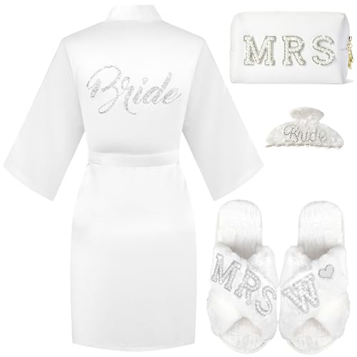 Personalized Initial Wedding Bride Slippers, Bridal Shower Gifts, to Be Gifts, Robe Hair Clip MRS Makeup Bag