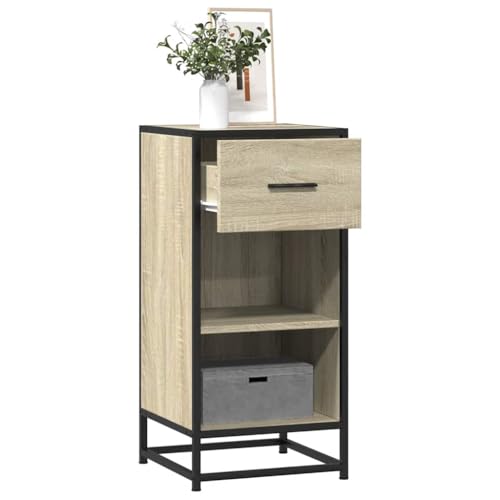 GeenYuu Aparador de roble Sonoma 35,5 x 35 x 76 cm, material de madera de metal, cómoda estrecha con cajón, compartimentos abiertos, armario estable para salón, dormitorio