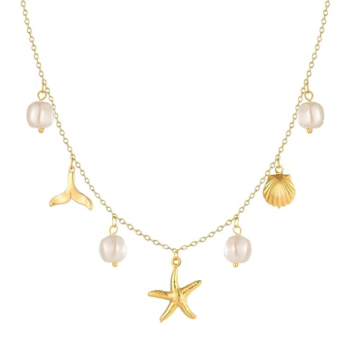 TONAUP Collier à Breloques pour Femmes, Collier à Breloques de Plage Perles Étoile de Mer Coquillage en Or pour Femmes et Filles