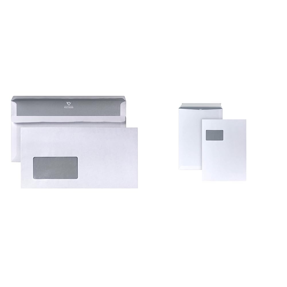 POSTHORN Kompaktbriefumschlag mit Fenster (1000 Stück), 125 x 235 mm, 80g/m² & Versandtasche C4 (250 Stück), haftklebende Versandtaschen mit Fenster, 324 x 229 mm, 90g/m²