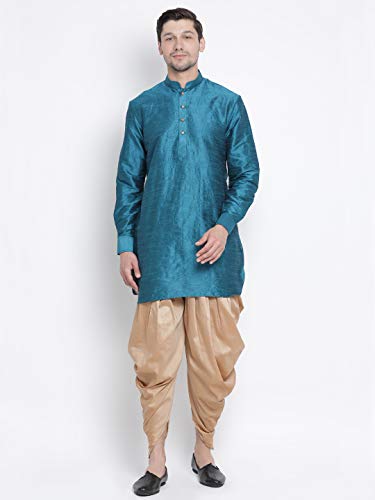 Image of Vastramay Men's Gold Curved Shape Pathani Style Silk Cotton Kurta - Mid-Length with Buttoned Cuff, Soft & Comfortable Ethnic Wear
