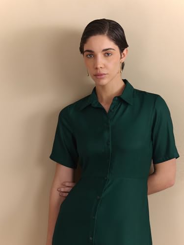 Image of FableStreet Women Formal Dress | Fit & Flare Midi Shirt Dress with Collared Neckline & Short Sleeves | Smooth Solid Fabric with Button-Front Closure for Workwear & Smart Casuals