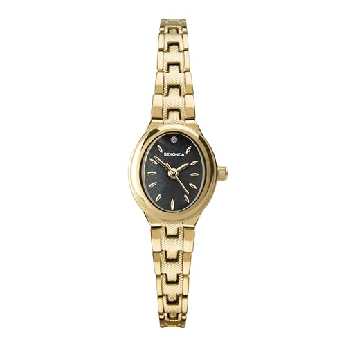 Sekonda Megan Damen-Armbanduhr, oval, klassisch, analog, mit Perlmutt-Zifferblatt, 21 mm, Schwarz, Armband