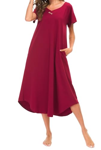 YOZLY Womens Sleepshirts Short Sleeve Nightdress Cotton Nightgown Sleepwear S-XXL (Wine Red, S)