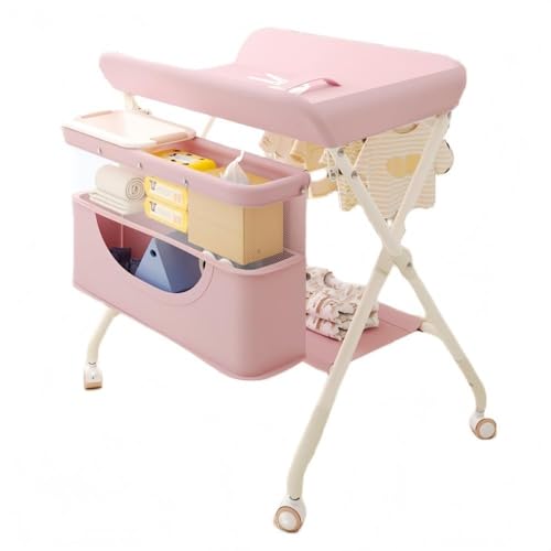 RoastMe ベビーケア 折おむつ交換台 折畳み おむつ替え台 簡単 折りたたみ オムツ替え交換台 キャスター付き移動 持ち運び 転 りたたみ式 おむつ交換台 ベビーケアステーション 新生児 安全ベルト ポータブル収納 移動 持ち運び 簡単 (ピンク,【