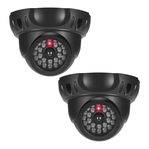 JIZZU Camara Falsa, 2Pcs Camara Falsa Vigilancia Exterior con LED Rojo Parpadeante, Cámara Simulada de Seguridad con 2Pcs Señales de Advertencia para Interior y Exterior (Negro)