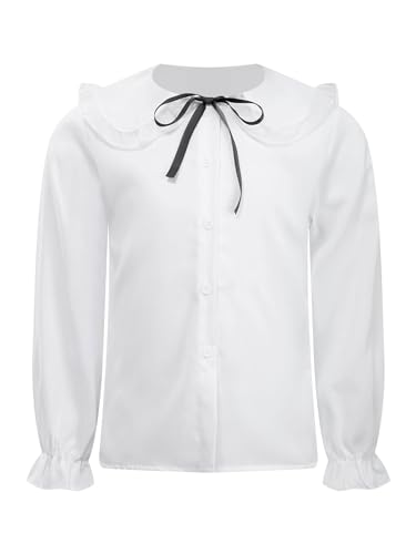 Hularka Kids Girls School Uniform Shirts Ruffle Long Sleeve Princess Lace Collar Bowtie Button Down Blouse Tops