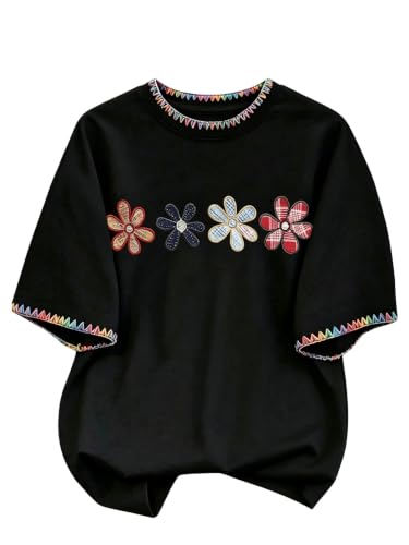 Image of RoseSeek Women's Cute Embroidered Tops Crew Neck Short Sleeve T Shirts