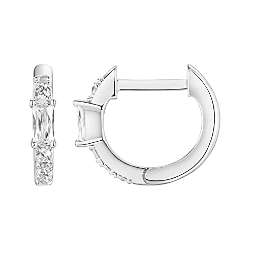 PAVOI 14K White Gold Plated 925 Sterling Silver Post Women's Huggie Earrings | Small Gold Hoop Earrings | CZ Huggie Earrings | Baguette Cubic Zirconia