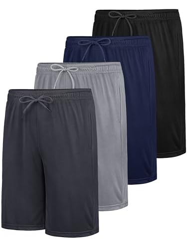 JORHIG 4 Pack Boys Athletic Shorts with Pockets Tricot Kids Youth Quick Dry Active Basketball Sports Shorts with Drawstring Black Dark Gray Light Gray Navy Set A 8-10Years