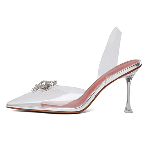 AUMOTED Women Slingback Clear Pumps Pointed Toe Metallic Stiletto High Heel Rhinestone Pumps Ankle Strap Dress Shoes Wedding 3.5 Inch2