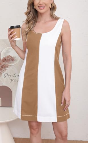 Image of CHARTOU Women Summer Sleeveless Linen Dress Color Block Short Beach Vacation Tank Dress