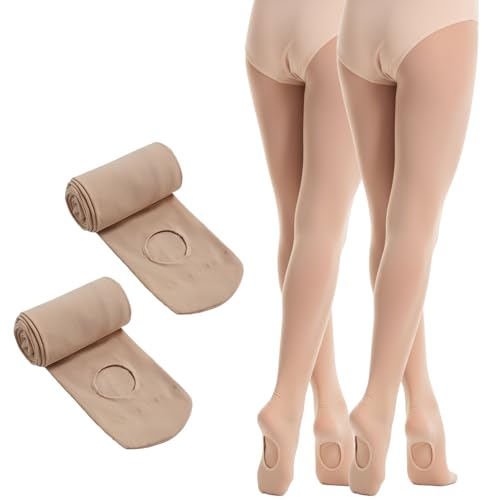 Image of viiotu 2 Pairs 60D Girls Ballet Tights - Ultra Soft Convertible Dance Tights with Elastic Waist & Reinforced Crotch (UK, Age, 8 Years, 12 Years, Regular, Skin 2 Pairs)