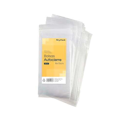 Raypack – Pack de 100 Bolsas Transparentes con Cierre Zip, Bolsas Autocierre de Plástico, Bolsas con Cierre Hermético Reutilizables y Resistentes, Bolsas Zip para Múltiples Usos (6x15cm)