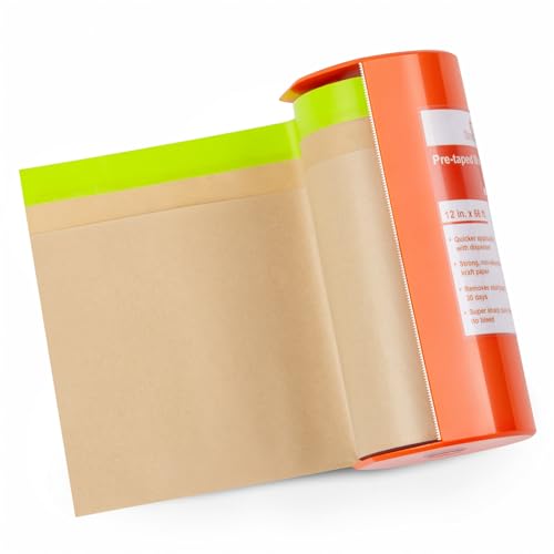 Tangibay Pre-Taped Masking Paper with Dispenser - 12 x 66 Painters Paper and Tape for Painting House Auto Body Cars (1 Dispenser 1 Refill)