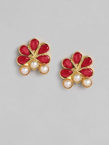 Juego de joyas Kundan en latón bañado en oro con cristales rojos y blancos 4
