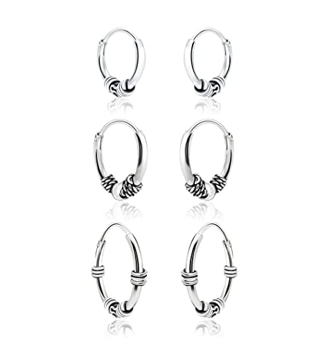 Hoops & Loops 925 Sterling Silver 10mm,12mm, 14mm Balinese Beaded Rope Lightweight Endless Hoop Earrings for Women Men, 3 Pairs | Silver, Yellow & Rose Gold3