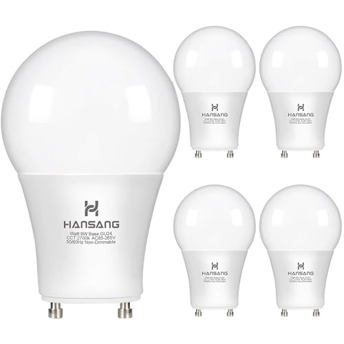 GU24 LED Light Bulb 2700K Warm White 60W Equivalent 900 Lumens CRI 85+ 2 Prong GU24 Light Bulbs A19 Shape 9W LED Twist and Lock Pin Base with Two Prongs for CFL Replacement Non-Dimmable 4 Pack