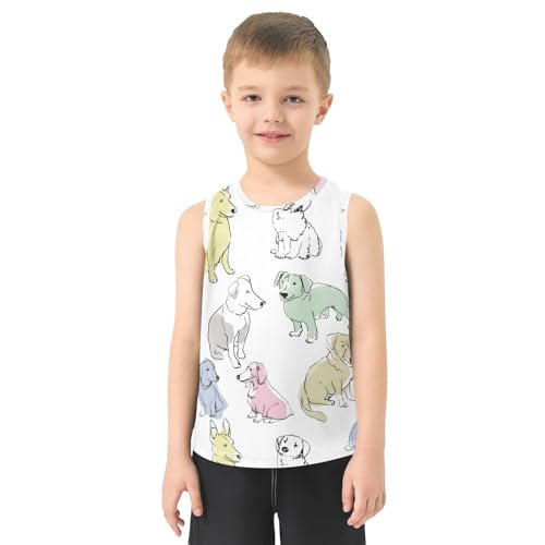 Bolaz Boys Athletic Quick Dry Tank Top Sleeveless Workout T Shirts Age 11-15,Hand Drawn Puppy Pattern2