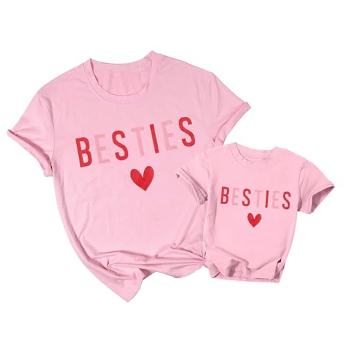 ASTANFY Besties Mommy and Me Valentines Shirts Women Girls Valentines Day Shirt Heart Shirt Short Sleeve Pink