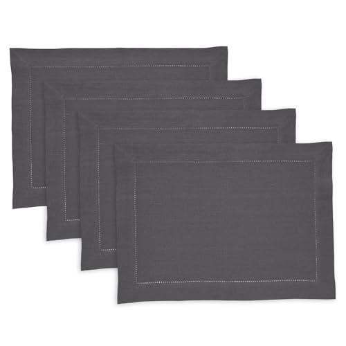 Solino Home Linen Cloth Placemats Set of 4-100% Pure Linen Medium Weight Hemstitch Charcoal Placemats 14 x 19 Inch - Handcrafted and Machine Washable Place Mats for Winter