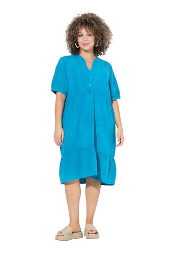 Ulla Popken Damen große Größen Übergrößen Plus Size Musselin-Kleid, A-Linie, Tunika-Ausschnitt, Halbarm tiefes Aqua 46+ 838567740-46+