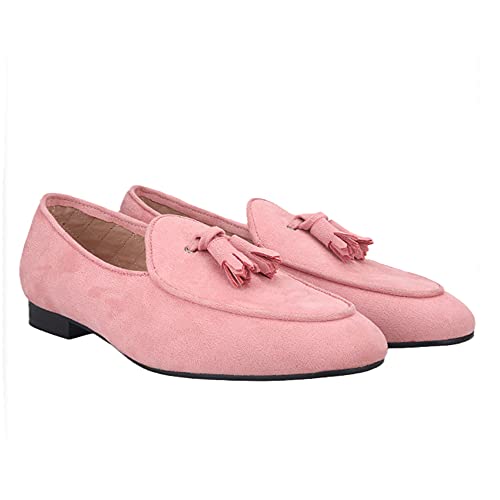 HI&HANN 2021 New Pink Color Velvet Tassel Men Loafers British Style Classic Men Smoking Slippers for Wedding and Party Plus Size3