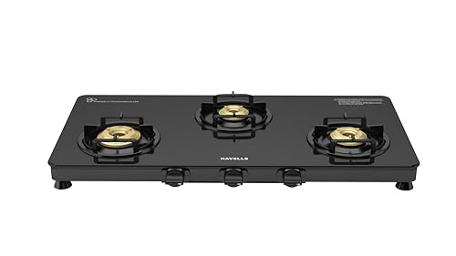 Image of Havells Contour Toughened Glass-Top 3 Brass Burner LPG Gas Stove | Removable Drip Tray | Soft Touch, Ergonomically Designed Knobs | 2 Years Comprehensive Warranty (Black)