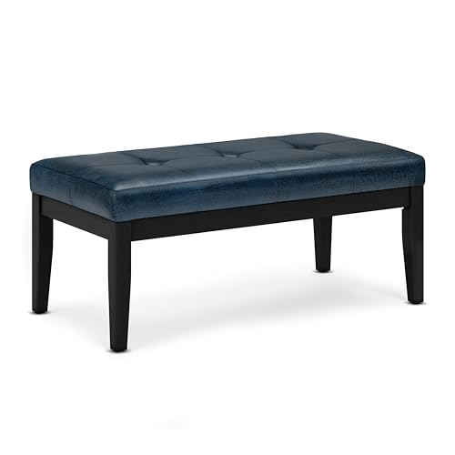 SIMPLIHOME Lacey 41 inch Wide Contemporary Rectangle Tufted Ottoman Bench in Distressed Dark Blue Vegan Faux Leather, Assembled, For the Living Room and Bedroom