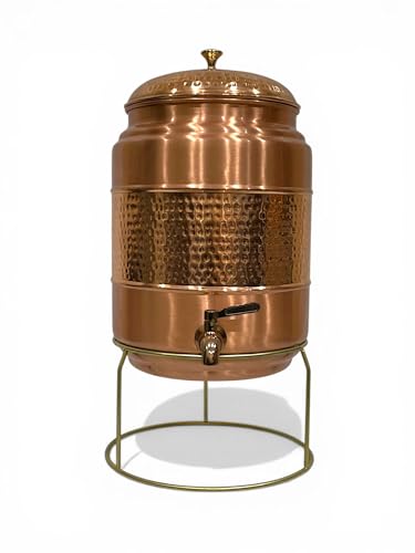 100% Pure Copper Water Dispenser Hammered Copper Drink Dispenser with Metal Tap & Lid Sturdy Countertop Water Storage Pot for Home Kitchen Dining Use (Copper-2 5 Litre)