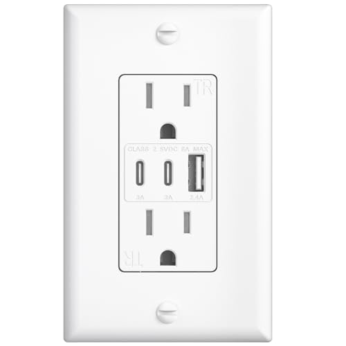 1 Pack 15Amp, 3-Port Type C USB Outlet, Charging Power Outlet with Type C&A Ports, Screwless Wall Plate Included