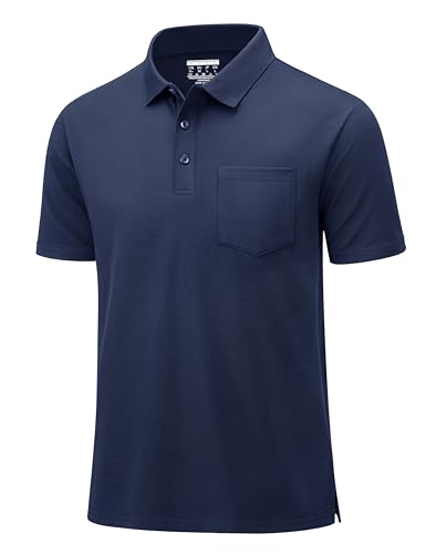 MAGCOMSEN Mens Polo Shirts with Pocket Cotton Pique Short Sleeve Collared Shirt Moisture Wicking Golf Shirts 3-Button Shirts
