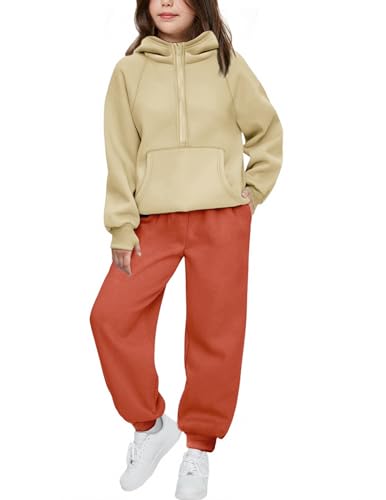 Image of Arshiner Girls 2 Piece Outfits Sweatsuit Half Zip Sweatshirt and Sweatpants | Fall Winter, Drop Shoulder Long Sleeve, Thumbhole Hoodies, with Sweatpant, Jogger Set, Sweat Set, Tracksuits with Pockets