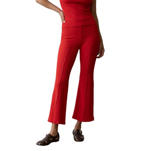 Mylleure Women Ribbed Knit Flared Pants Y2k High Waist Bell Bottom Capris Elastic Elevated Seams Bootcut Trousers Streetwear