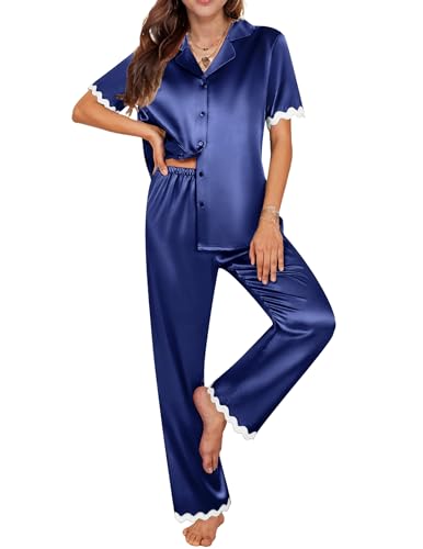 Image of Ekouaer Womens Silk Satin Pajamas Set Button Down 2 Piece Pjs Short Sleeve Long Pants Sleepwear Lounge Set, S-XXL