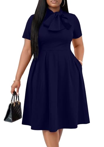 Image of FANDEE Midi Dress for Women Casual Short Sleeve A-line Semi Formal Fit and Flare Dress Classy Tie Neck Work Business Dresses