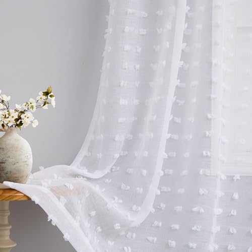 White Sheer Curtains 84 Inches Long for Living Room Bedroom Farmhouse White Pom Pom Curtains...