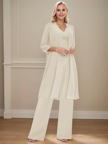 3 Piece Mother of The Bride Pantsuits Chiffon V-Neck Applique Zipper Pant Suits for Formal Wedding with Long Jackets4