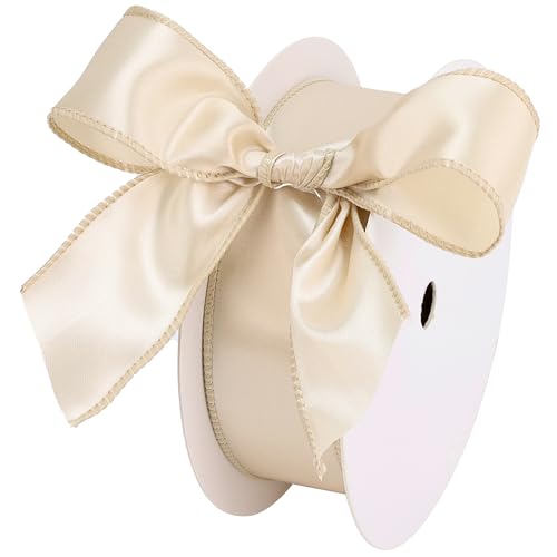 LIZLOVESS Champagne Satin Wired Ribbon 1.5 Inch Wire Edge Ribbon for Gift Wrapping 4th of July Baby Shower Wedding Decor Christmas Tree Crafts Wreath Supplies 25 Yards