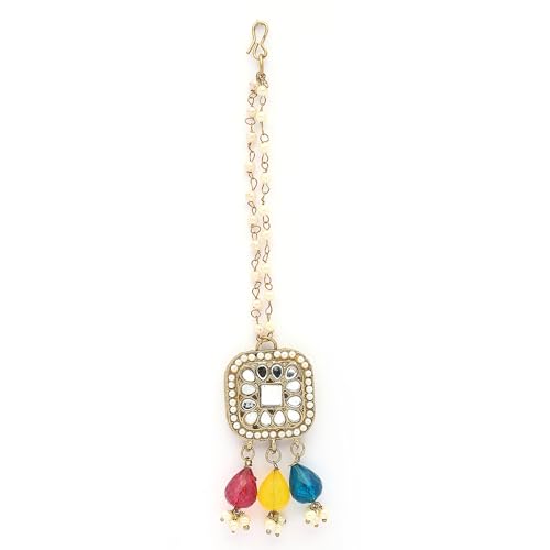 Image of ZENEME Traditional Gold Plated Kundan And Pearl Beaded Baahubali Jhumkas With Multi Layered Ear Chain Earrings for Women & Girls