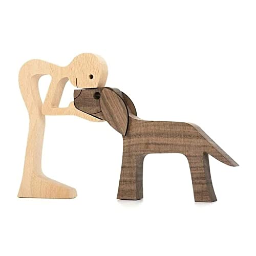 Pet Lover Gifts Hout Sculptuur, Familie & Puppy Houten Ambachten Sculptuur, Uniek geschenk Hand gesneden hout hond menselijk standbeeld, Huisdier minnaar geschenken hout sculptuur (Man en hond)