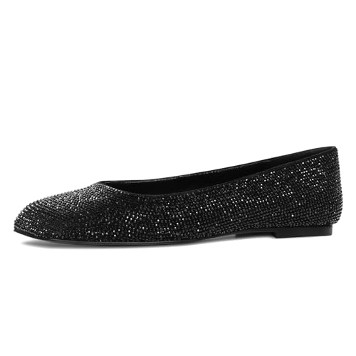 Image of Flats for Women Rhinestone Square Toe Glitter Sparkly Comfortable Dress Bridal Ladies Wedding Shoes