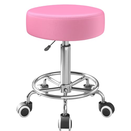 Image of Rolling Stool, Heavy Weight Capacity 250lb, PU Leather Rolling stools, Ultra Soft Padded Seat, Rolling Stools with Wheels and Footrest, 360 Swivel, Spa Drawing Salon Work Office Tattoo Stool (pink)
