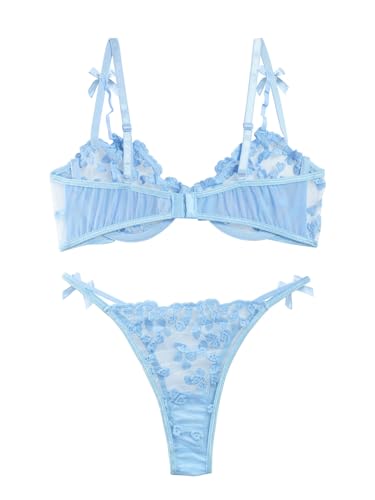 lilosy sexy underwire cute push up strappy embroidered mesh sheer lingerie set see through panty bra