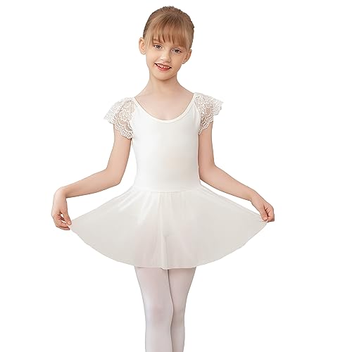AOQUNFS Girls Dance Dress With Lace Ruffle Sleeve Ballet Leotards Outfit With Skirt,118