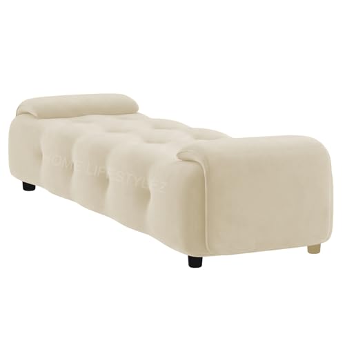 Image of Home Lifestlez Monel 2 Seater Tufted Ottoman Bench | Velvet Upholstered | Seating Bench Window Bench Footrest Stool End of Bed Bench Living Room Furniture | Comfortable & Stylish - Cream