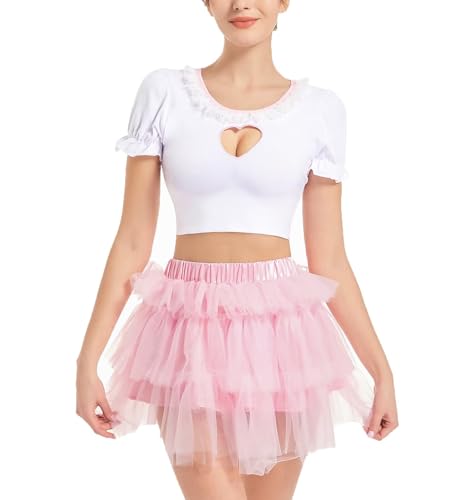 Womens Mesh Tulle Puffy Skirts Ruffle Skirt Pink Skirt Kawaii Fluffy Princess Short Ballerina Skirt - Pink Cake